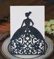 Detail of laser-cut wedding invitation showing deep blue glitter dress silhouette - Glitter Dark Blue