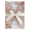 Elegant laser cut wedding invitation in rose gold glitter with a cream silk bow - Glitter Champagne Gold