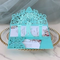 Detailed laser-cut wedding invitation in Tiffany blue with floral card and pearl finish - Tiffany Blue