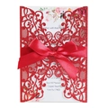 Red glitter laser-cut wedding invitation cover with a luxury red satin ribbon bow - Glitter Red