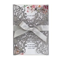 Elegant silver glitter laser cut wedding invitation with white floral card and grey satin ribbon - Glitter Charcoal Silver