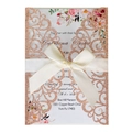 Elegant rose gold glitter laser-cut wedding invitation with cream silk ribbon bow decoration - Glitter Champagne Gold