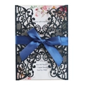 Navy blue glitter laser cut wedding invitation card with elegant satin bow detail - Glitter Dark Blue