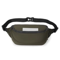 Detail view of water-resistant olive green chest bag with reflective strip and buckle - Green