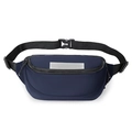 Detail of waterproof crossbody fanny pack showing reflective safety strip and buckle - Blue