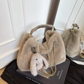 Beige plush faux fur tote bag with golden chain strap and a cute rabbit charm - With Rabbit Charm / Khaki
