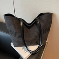 Charcoal grey striped canvas tote bag with black leather handles and Y S logo detail - Black