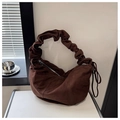 Dark brown frosted suede shoulder bag with scrunchie strap and half-moon pleated design - Coffee