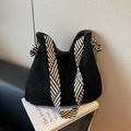 Retro black faux suede tote bag with woven wide shoulder strap and knot details - Black