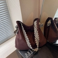 Dark brown suede tote bag with black and white striped woven shoulder strap - Coffee
