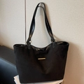 Large black suede tote bag with leather拼接 and gold metal trim in minimalist style - Black