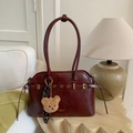 Vintage burgundy leather handbag with crackle texture and cute plush bear charm decoration - Wine Red With Pendant