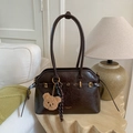 Dark brown retro textured leather handbag with gold hardware and plush bear charm - Coffee with Pendant
