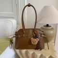 Dark brown retro leather tote bag with long handles and a cute plush bear charm - Yellow Brown With Pendant