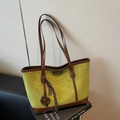 Olive green suede and brown leather tote bag with stylish shoulder strap and charms - With Pendant / Green