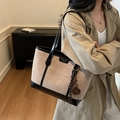 Large beige suede tote bag with black leather trim and elegant decorative tassel charm - With Pendant / Khaki