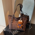 Dark brown matte suede tote bag with shoulder straps and cute teddy bear pendant - With Charm / Brown