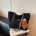 Large black suede tote bag for women with leather handles and a cute brown bear charm - With Charm / Black