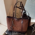 Vintage brown suede tote bag with large capacity and contrasting dark leather strap detail - With Pendant / Coffee