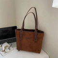 Brown suede tote bag with smooth leather trim and large capacity for daily commuting - Brown No Pendant