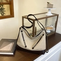 Grote beige canvas en bruine leren schoudertas met dubbele ritszakken voor dames - Broken Wit