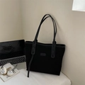 Minimalist black large capacity tote bag with leather trim for daily office commuting - Black without Pendant