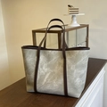 Light grey-green large tote bag with brown contrast straps and marble texture finish - Khaki