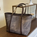 Fashionable dark grey marble texture large tote bag with brown leather handles and logo - Brown
