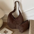 Brown faux suede hobo tote bag set with matching inner pouch and gold hardware - Brown