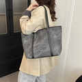 Chic grey marble texture tote bag with black leather handles for urban commute style - Black