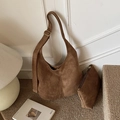 Brown suede hobo tote bag with matching pouch and adjustable strap for daily use - Brown