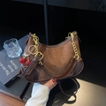 Brown suede crescent bag with gold chain strap and cherry charm detail in high quality - Coffee with Pendant