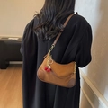 Brown leather and suede baguette bag with gold chain and cherry charm detail - Brown with Pendant
