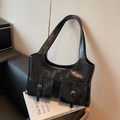 Glossy black leather hobo shoulder bag with dual buckle pockets and vintage styling - Black