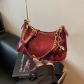 Deep burgundy suede baguette bag with gold chain and cherry charm for women - Wine Red With Pendant