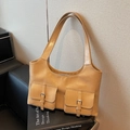Retro light brown faux leather tote bag with double front buckle pockets and straps - Khaki