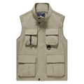 Khaki visvest voor heren met meerdere zakken, opstaande kraag en handig D-ring detail - M / Khaki