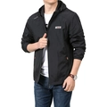 Men's lightweight black UV protection sun jacket with hood and outdoor print detail - M / Black