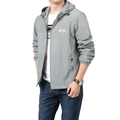 Men's grey UV protection windbreaker jacket with outdoor print and hood for summer - M / Light Gray