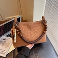 Sac fourre-tout léopard en suédine marron avec anse décorative en perles de bois - Léopard Brun