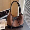 Brown leopard print suede tote bag with black bow decoration and shoulder strap - Coffee