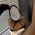 Brown leopard embossed suede tote bag with black leather trim and bow detail - Khaki