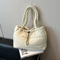 Chic cream white quilted puffer tote bag with drawstring closure and soft shoulder straps - White Without Pendant
