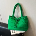 Quilted green padded tote bag in lightweight nylon with drawstring closure and soft texture - Grass Green Without Charm