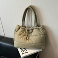 Quilted grass green padded tote bag with drawstring closure and soft handles - Grey Green Without Charm