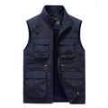 Men's dark blue multi-pocket outdoor vest with stand collar and zipper closure - XS / Dark Blue