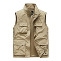 Gilet multitasche da uomo color kaki con colletto alla coreana e fodera in rete - M / Cachi