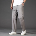 Men's loose fit grey straight casual cotton trousers with functional side zipper pockets - L / Light Gray