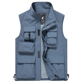 Men's blue multi-pocket outdoor vest with standing collar and breathable mesh lining - M / Gray Blue