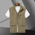 Khaki multi-pocket utility vest with stand collar and Freedom text on gray background - M / Khaki